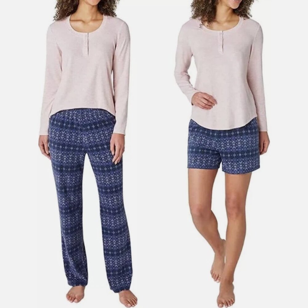 NWT Eddie Bauer 3-Piece Ladies' Waffle Fleece Pink & Blue Pajamas Set Size Small